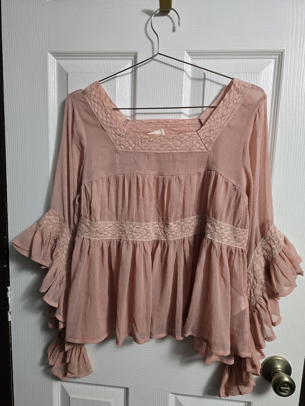 Ciel USA Dusty Rose Pink Square Neck Lace Trim Babydoll Ruffle Bell Sleeve Top.